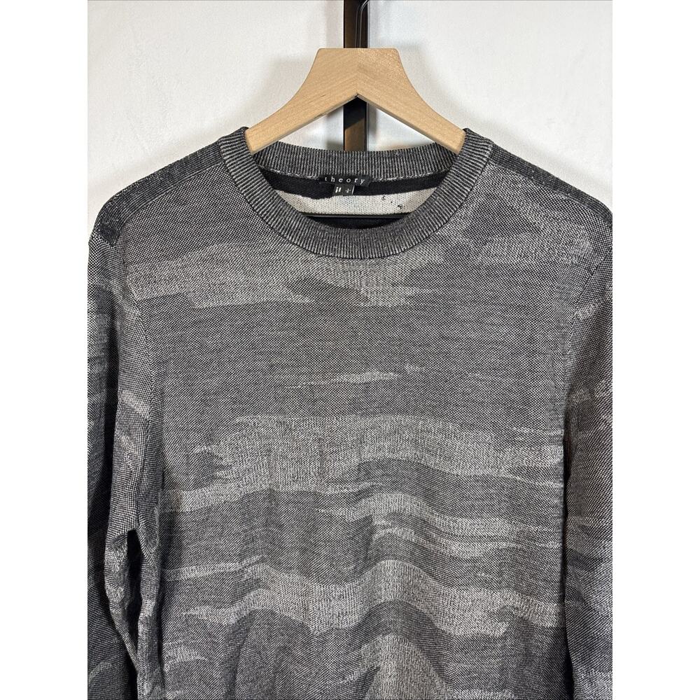 Theory Wool Crewneck Sweater Men's Large Gray Camo Pullover Stretch Modern - Picture 2 of 8